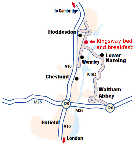 Kingsway bed and breakfast Broxbourne map